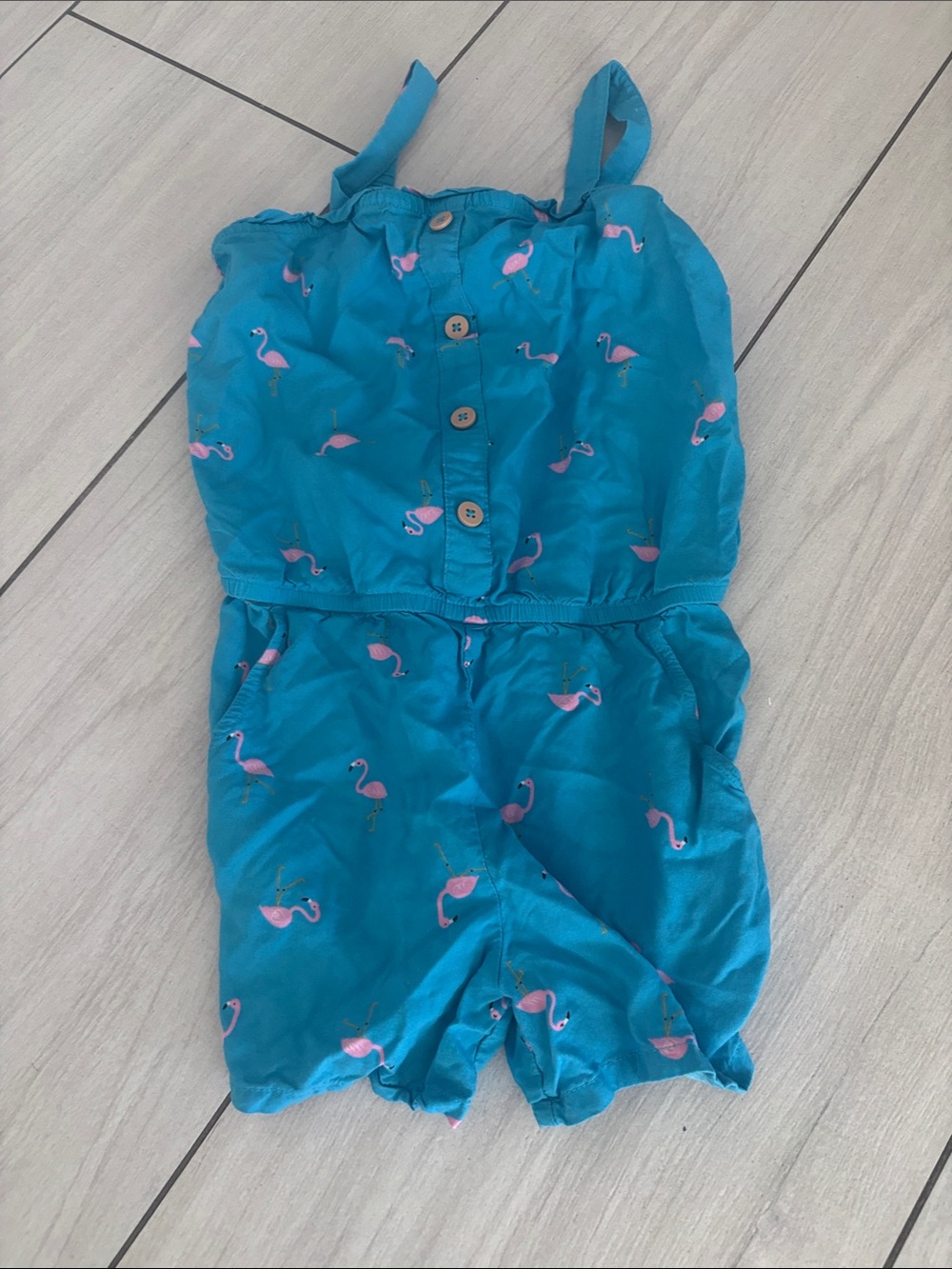 Cat & Jack Teal Romper with Pink Flamingo Print